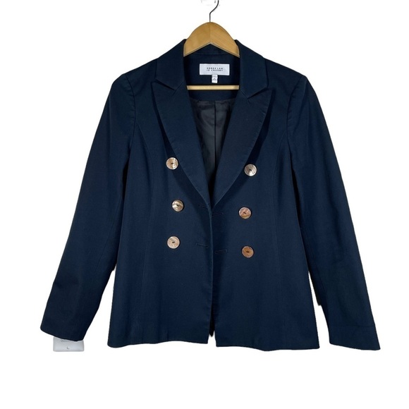 Derek Lam 10 Crosby Double Breasted Stretch Cotton Twill Jacket in Navy 6 - Picture 1 of 12